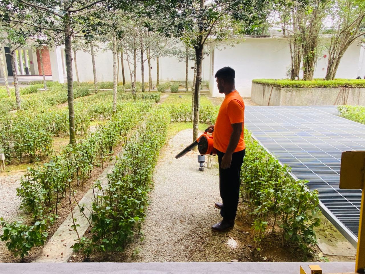 CSC Services crew member clearing leaves with a blower between garden beds